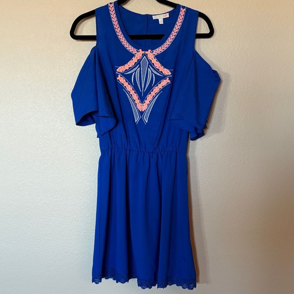 Gianni Bini Royal Blue Dress Pink Accents, Cold shoulder, Fluttery sleeves, S